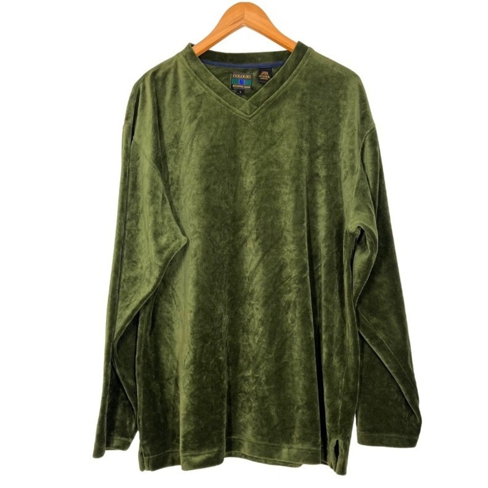 Colours Alexander Julian Mens Large Olive Green Velour V-Neck Pullover Shirt 90s
